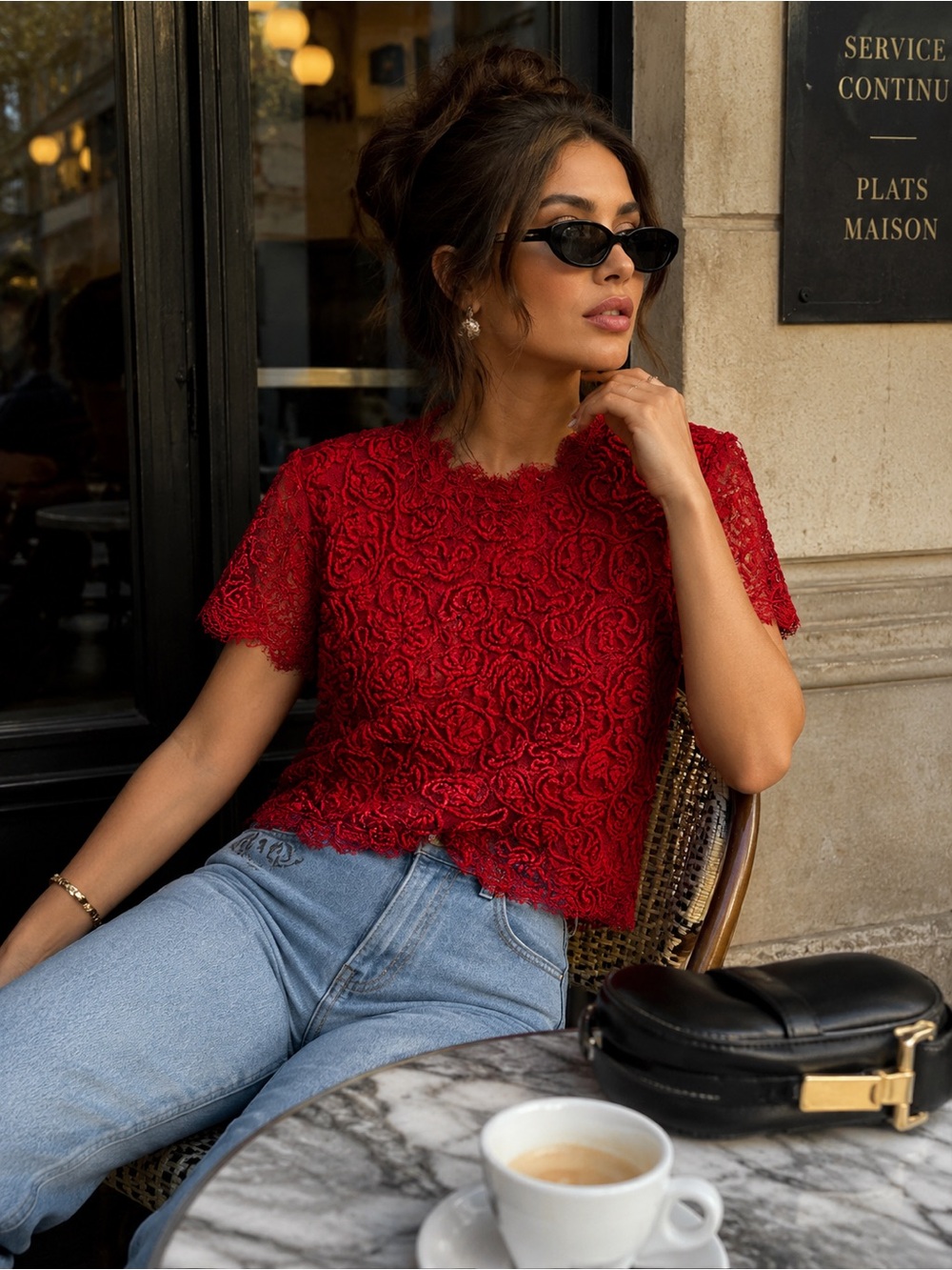 Zara Trafaluc Red Lace Embroidered Top | Size Medium